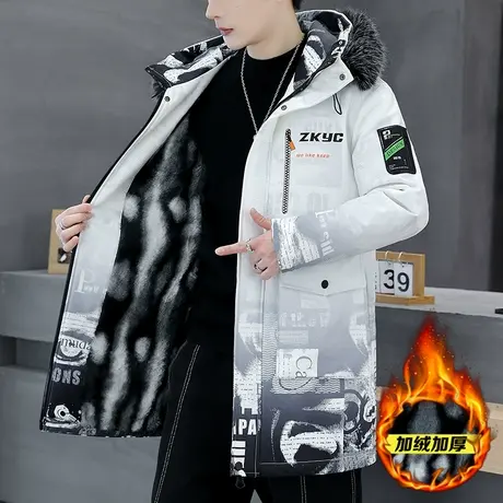 派克服冬季男士外套夹克加绒加厚保暖棉衣男装中长款风衣潮流上衣商品大图