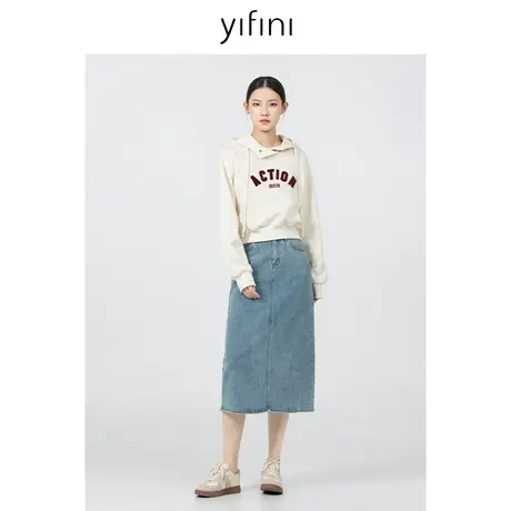 Yifini/易菲宽松短款连帽字母美拉德印花卫衣女春秋新款上衣商品大图