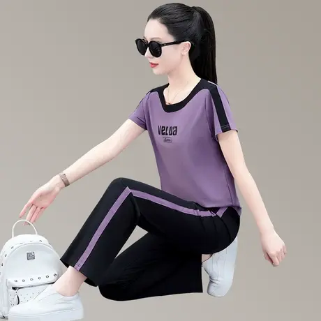 薄款直筒裤运动休闲套装女夏短袖2023年新款洋气妈妈装天丝两件套商品大图