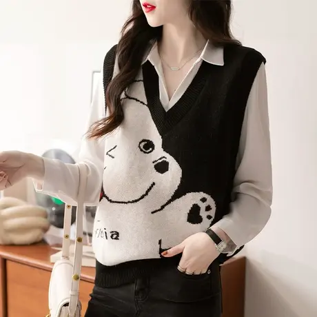 叠穿V领针织背心马甲女春秋2024款卡通提花外穿宽松毛衣坎肩马夹图片
