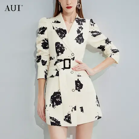 AUI设计感印花职业西装外套女秋2022新款御姐轻熟风泡泡袖西服裙图片