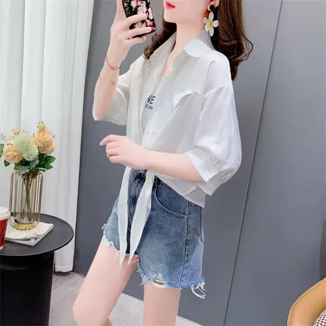 小个子短袖防晒衬衫女夏季2023年新款宽松设计感系带百搭上衣外套图片