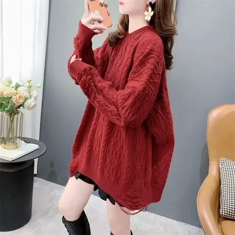 设计感破洞圆领毛衣女加厚2023新款秋冬宽松慵懒风麻花打底针织衫图片