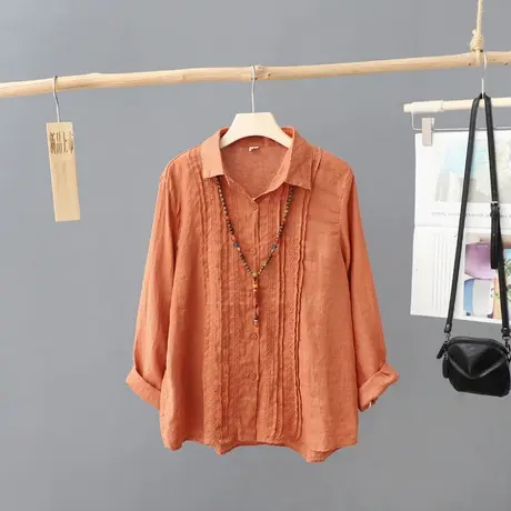 文艺范女装纯色刺绣棉麻衬衫女长袖春装新款宽松绣花亚麻衬衣上衣图片