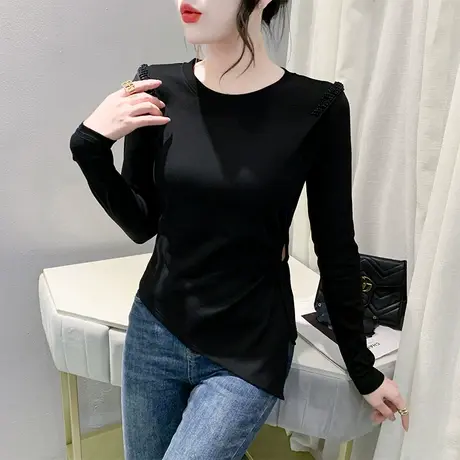 欧货时尚钉珠上衣不规则开叉T恤女长袖洋气修身打底衫秋冬新款潮t商品大图