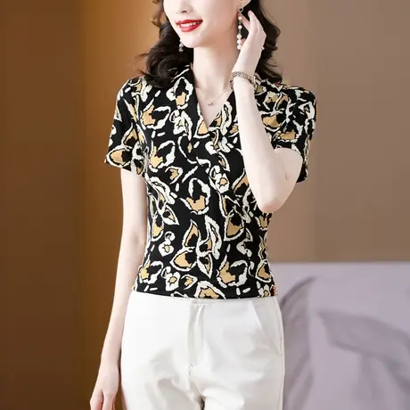 漂亮短袖t恤女上衣2023新款大码显瘦打底衫妈妈装洋气高级感小衫图片
