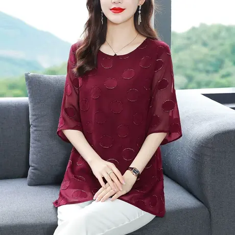 雪纺衫女短袖2023新款大码胖mm宽松遮肚中年妈妈洋气夏装裙摆上衣图片