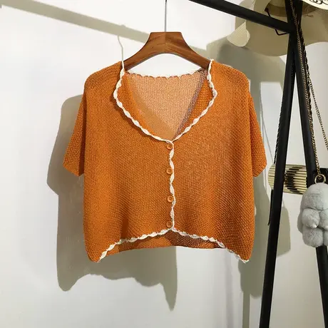 短袖镂空针织开衫女夏新款吊带裙子外搭宽松v领短款防晒上衣罩衫图片