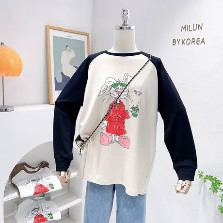 2023早春新款上衣韩国东大门复古美式兔子插肩袖T恤长袖打底大码图片