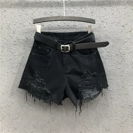 黑色牛仔短裤女春夏新款欧货个性时尚破洞字母口袋高腰显瘦阔腿裤图片