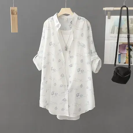 简约印花长袖衬衫女夏装新款中长款薄防晒衫休闲外搭防晒外套开衫图片