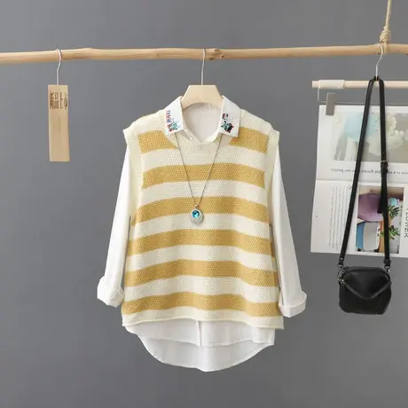 条纹宽松针织马甲背心女韩版慵懒风叠穿无袖毛衣圆领套头坎肩马夹商品大图