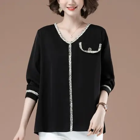 长袖t恤女春秋新款加肥加大码女装宽松百搭休闲洋气V领显瘦打底衫商品大图