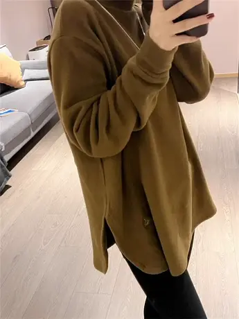 不规则开叉高领双面德绒打底衫女秋冬欧货宽松大版加厚磨毛T恤女商品大图