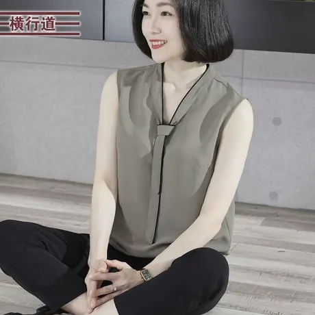 简约纯色丝巾领宽松直筒雪纺背心休闲2025夏季新款大码女装上衣服商品大图