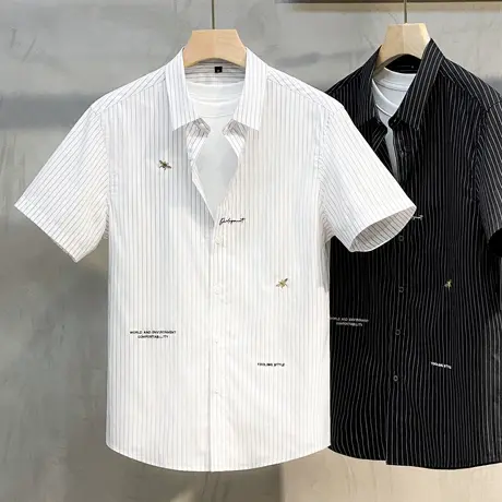 夏季免烫青年条纹衬衫男短袖休闲寸衫修身精神小伙刺绣帅气衬衣男商品大图