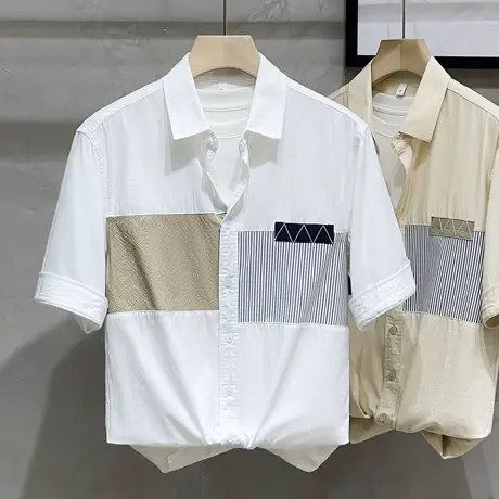 夏季条纹拼接衬衫男短袖上衣美式细线宽松五分中半袖衬衣男装潮流商品大图