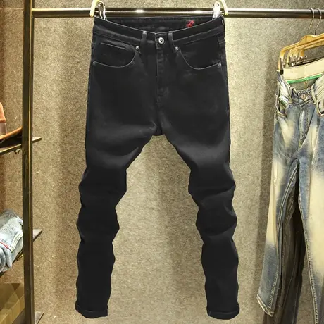 潮牌修身小脚男士牛仔裤秋冬款黑色潮流百搭帅气弹力男装长裤子厚商品大图