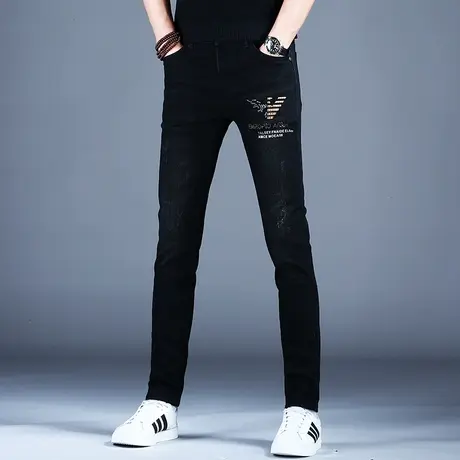 秋冬新款黑色印花牛仔裤男款修身小脚弹力潮牌潮流裤子男士休闲裤商品大图