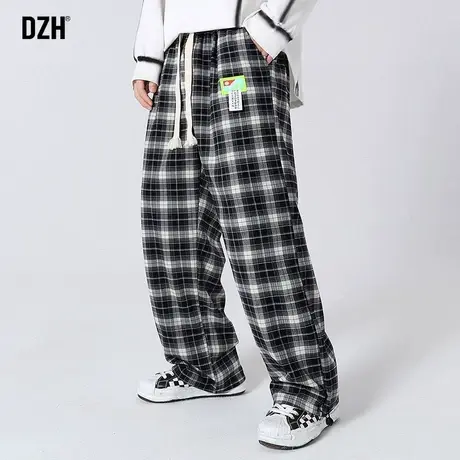 男生直筒格子裤男春夏款休闲宽松痞帅抽绳束脚裤潮牌一裤两穿男裤图片