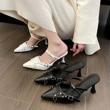 永希法式仙女风尖头包头半拖鞋女2023年配裙子高跟鞋后空时尚单鞋商品大图
