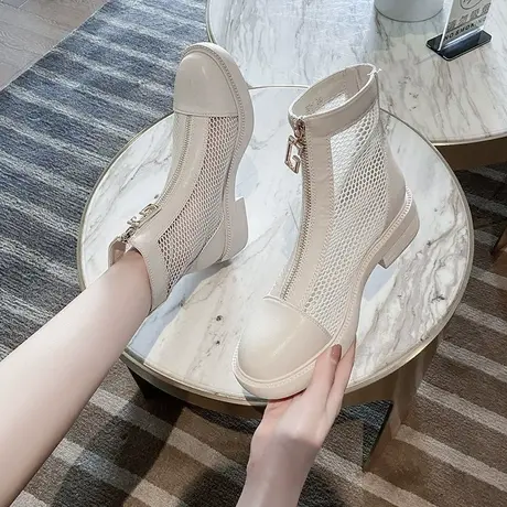 网靴女2023年新款网纱透气薄款白色炸街小短靴镂空网红平底凉靴女商品大图