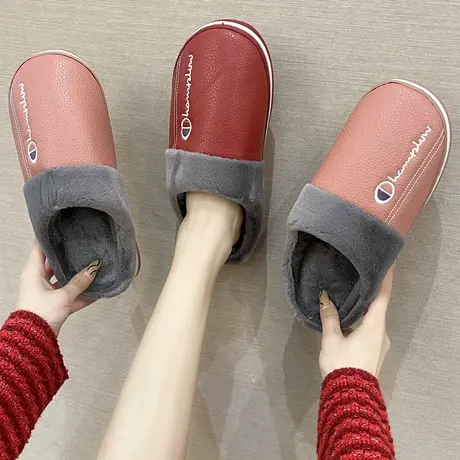 棉拖鞋女冬季居家室内防水毛绒厚底情侣家用防滑PU皮面棉拖男冬天商品大图