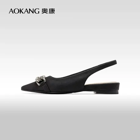 奥康女鞋春季新款一字式卡扣休闲平底包头浅口单鞋仙女风后空凉鞋图片