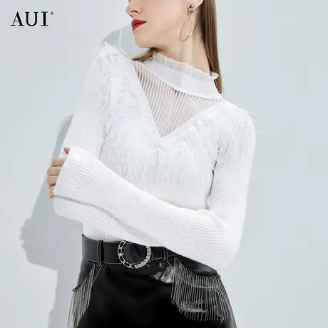 AUI白色设计感高级针织衫女2023年秋冬新款网纱拼接立领打底毛衣图片