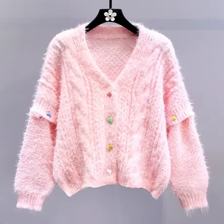 日系甜美粉色麻花毛衣外套女冬季2023新款宽松高级感减龄针织开衫商品大图
