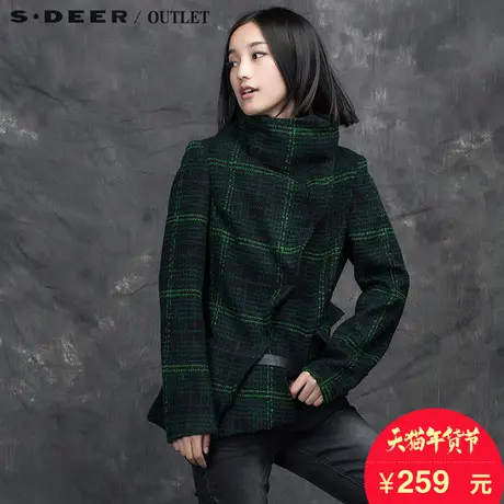 s.deer圣迪奥女装冬装新款潮毛呢大衣格纹修身外套S15482255图片
