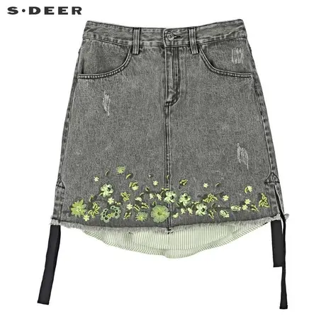 sdeer 圣迪奥简约植物绣花飘带装饰层次拼接牛仔半身裙S19181303图片