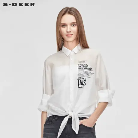 sdeer圣迪奥女休闲简约翻领撞色字母不规则摆蝙蝠袖衬衫S19280434图片