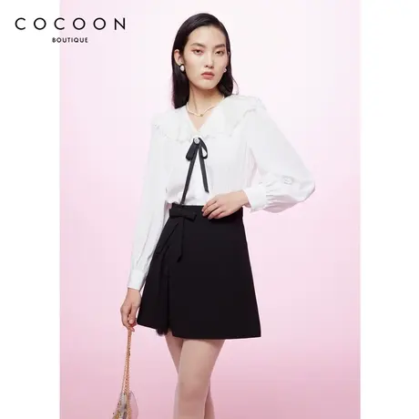 COCOON商场同款时尚上衣023秋季新款女V领蝴蝶结装饰长袖外套商品大图