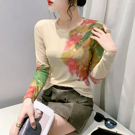 欧货时尚复古圆领打底衫女长袖网纱印花气质减龄内塔上衣修身T恤商品大图