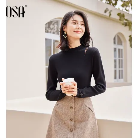 OSA欧莎 黑色修身半高领内搭针织打底衫上衣女秋冬季2023年新款商品大图
