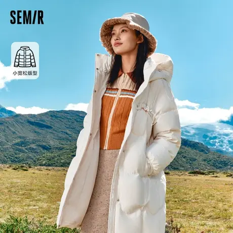 森马羽绒服女长款宽松温柔设计感2023新款冬保暖连帽肌理外套简约商品大图