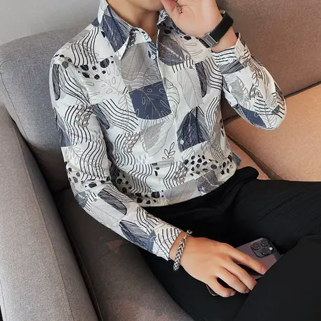 衬衫长袖秋季高级感商务休闲衬衣弹力发型师花色修身潮流帅气上衣商品大图