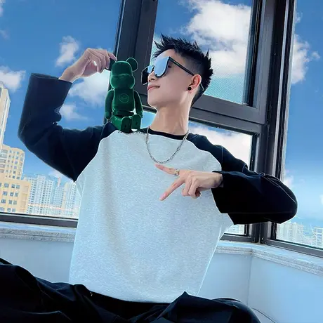 重磅插肩袖上衣男秋季美式复古拼色长袖t恤打底衫卫衣个性宽松ins商品大图