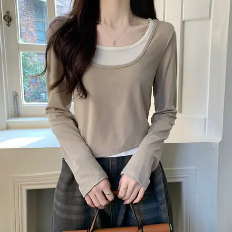 假两件圆领显瘦长袖t恤女2023秋新款修身显瘦短款不规则打底上衣商品大图