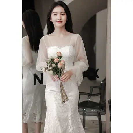 白色小晚礼服裙女2023新款平时可穿领证订婚宴会年会气质鱼尾长袖图片