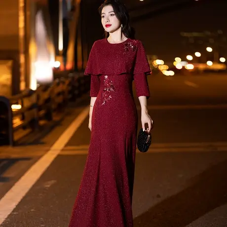 喜婆婆婚宴装礼服鱼尾裙高贵年轻冬天妈妈装喜服婚礼洋气冬季显瘦图片