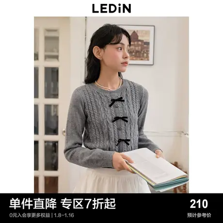 乐町蝴蝶结毛针织衫秋冬新款女装圆领正肩千金风内搭灰色毛衣商品大图