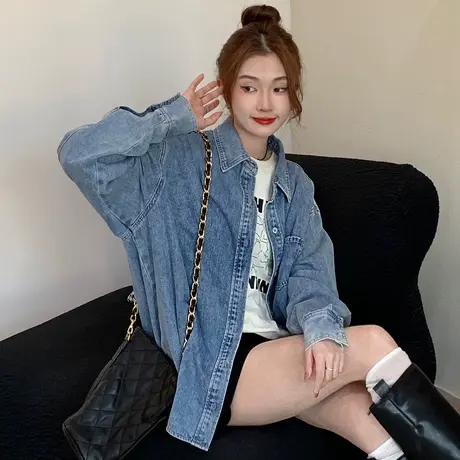 尔给2024早春新款蓝色春日港风衬衫女复古超好看牛仔外套小个子商品大图