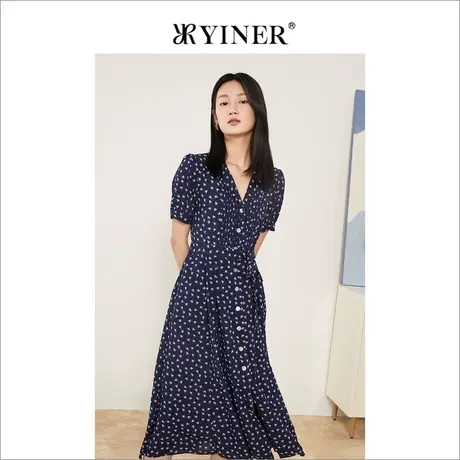 YINER音儿线上专选女装2022夏季复古印花开衩雪纺连衣长裙图片