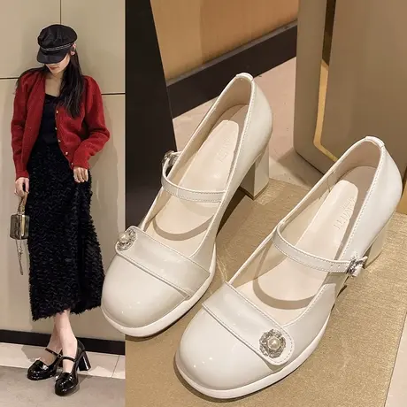 玛丽珍小皮鞋子女鞋2024新款法式一字扣带粗跟单鞋女款白色高跟鞋图片