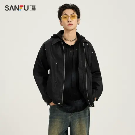 三福2024春季男士满版纹理夹克 街头潮流翻领落肩外套男482389图片