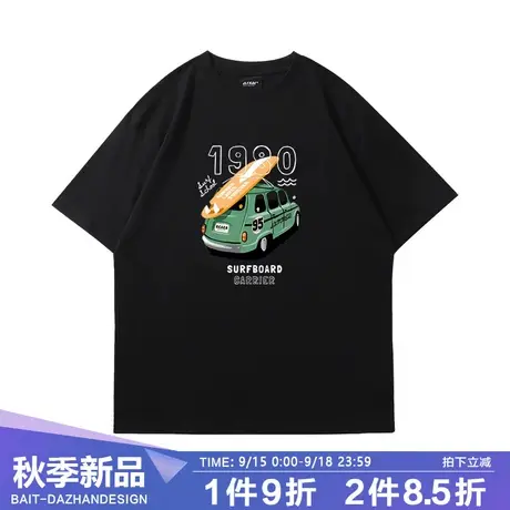 新款上衣2023美式复古短袖ins潮牌度假风老爷车韩系宽松情侣t恤夏商品大图