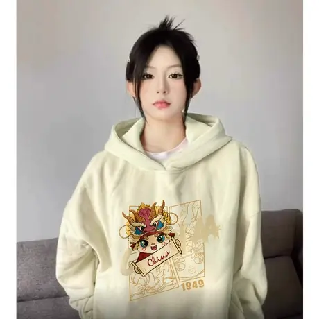 连帽设计感卫衣女2024新款秋冬加绒加厚宽松龙年上衣外套国风潮牌图片