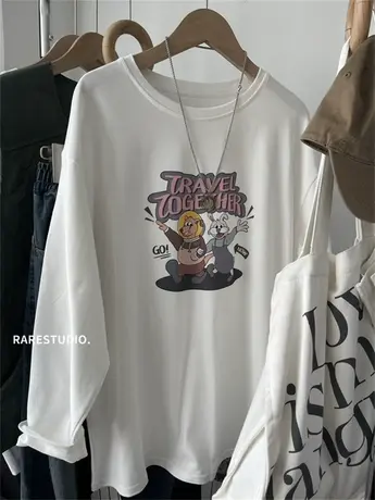 春季新款磨毛棉太空小熊印花休闲百搭长袖宽松白色T恤女打底衫女图片